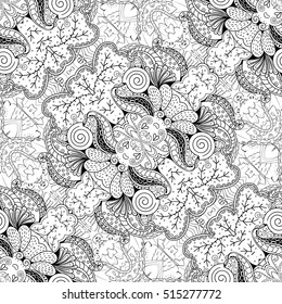 Tracery seamless calming pattern. Mehndi design. Ethnic monochrome binary doodle texture. Curved doodling black and white background. Vector.