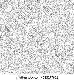 Tracery seamless calming pattern. Mehndi design. Ethnic monochrome binary doodle texture. Curved doodling black and white background. Vector.