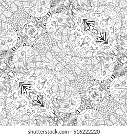 Tracery seamless calming pattern. Mehndi design. Ethnic monochrome binary doodle texture. Curved doodling black and white background. Vector.