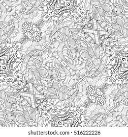 Tracery seamless calming pattern. Mehndi design. Ethnic monochrome binary doodle texture. Curved doodling black and white background. Vector.