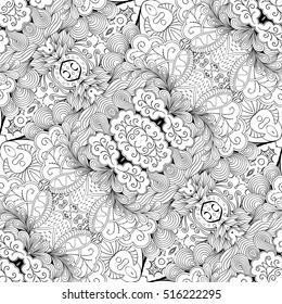 Tracery seamless calming pattern. Mehndi design. Ethnic monochrome binary doodle texture. Curved doodling black and white background. Vector.