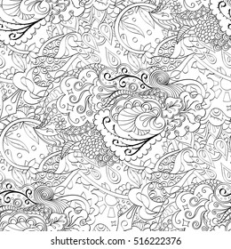 Tracery seamless calming pattern. Mehndi design. Ethnic monochrome binary doodle texture. Curved doodling black and white background. Vector.
