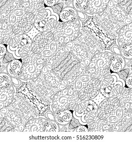 Tracery seamless calming pattern. Mehndi design. Ethnic monochrome binary doodle texture. Curved doodling black and white background. Vector.