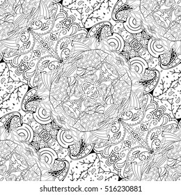 Tracery seamless calming pattern. Mehndi design. Ethnic monochrome binary doodle texture. Curved doodling black and white background. Vector.
