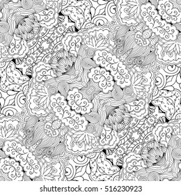 Tracery seamless calming pattern. Mehndi design. Ethnic monochrome binary doodle texture. Curved doodling black and white background. Vector.