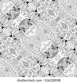 Tracery seamless calming pattern. Mehndi design. Ethnic monochrome binary doodle texture. Curved doodling black and white background. Vector.