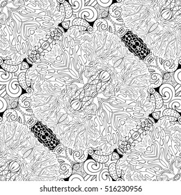 Tracery seamless calming pattern. Mehndi design. Ethnic monochrome binary doodle texture. Curved doodling black and white background. Vector.