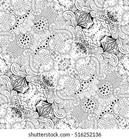 Tracery seamless calming pattern. Mehndi design. Ethnic monochrome binary doodle texture. Curved doodling black and white background. Vector.
