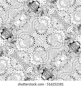 Tracery seamless calming pattern. Mehndi design. Ethnic monochrome binary doodle texture. Curved doodling black and white background. Vector.