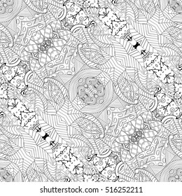 Tracery seamless calming pattern. Mehndi design. Ethnic monochrome binary doodle texture. Curved doodling black and white background. Vector.