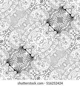 Tracery seamless calming pattern. Mehndi design. Ethnic monochrome binary doodle texture. Curved doodling black and white background. Vector.