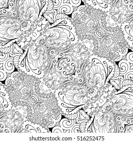Tracery seamless calming pattern. Mehndi design. Ethnic monochrome binary doodle texture. Curved doodling black and white background. Vector.
