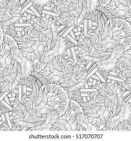 Tracery seamless calming pattern. Mehndi design. Ethnic monochrome binary doodle texture. Curved doodling black and white background. Vector.
