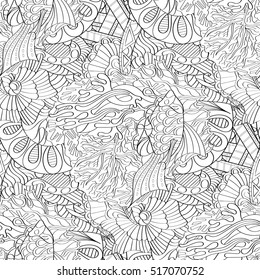 Tracery seamless calming pattern. Mehndi design. Ethnic monochrome binary doodle texture. Curved doodling black and white background. Vector.