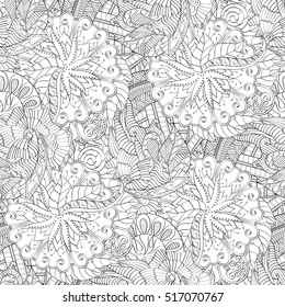 Tracery seamless calming pattern. Mehndi design. Ethnic monochrome binary doodle texture. Curved doodling black and white background. Vector.
