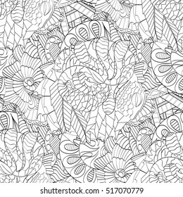 Tracery seamless calming pattern. Mehndi design. Ethnic monochrome binary doodle texture. Curved doodling black and white background. Vector.