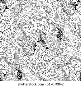 Tracery seamless calming pattern. Mehndi design. Ethnic monochrome binary doodle texture. Curved doodling black and white background. Vector.