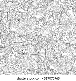 Tracery seamless calming pattern. Mehndi design. Ethnic monochrome binary doodle texture. Curved doodling black and white background. Vector.