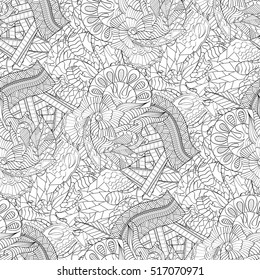Tracery seamless calming pattern. Mehndi design. Ethnic monochrome binary doodle texture. Curved doodling black and white background. Vector.
