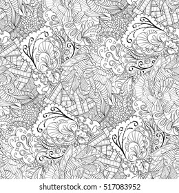 Tracery seamless calming pattern. Mehndi design. Ethnic monochrome binary doodle texture. Curved doodling black and white background. Vector.