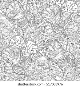 Tracery seamless calming pattern. Mehndi design. Ethnic monochrome binary doodle texture. Curved doodling black and white background. Vector.