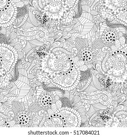 Tracery seamless calming pattern. Mehndi design. Ethnic monochrome binary doodle texture. Curved doodling black and white background. Vector.