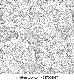 Tracery seamless calming pattern. Mehndi design. Ethnic monochrome binary doodle texture. Curved doodling black and white background. Vector.