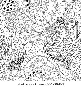 Tracery seamless calming pattern. Mehndi design. Ethnic monochrome binary doodle texture. Curved doodling black and white background. Vector.