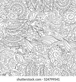 Tracery seamless calming pattern. Mehndi design. Ethnic monochrome binary doodle texture. Curved doodling black and white background. Vector.