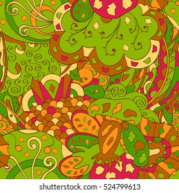 Tracery seamless calming pattern. Mehndi design. Ethnic colorful doodle texture. Curved doodling background. Vector.