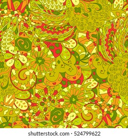 Tracery seamless calming pattern. Mehndi design. Ethnic colorful doodle texture. Curved doodling background. Vector.