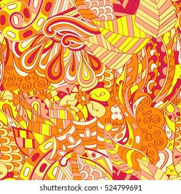 Tracery seamless calming pattern. Mehndi design. Ethnic colorful doodle texture. Curved doodling background. Vector.
