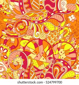 Tracery seamless calming pattern. Mehndi design. Ethnic colorful doodle texture. Curved doodling background. Vector.