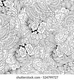 Tracery seamless calming pattern. Mehndi design. Ethnic monochrome binary doodle texture. Curved doodling black and white background. Vector.