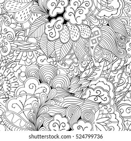 Tracery seamless calming pattern. Mehndi design. Ethnic monochrome binary doodle texture. Curved doodling black and white background. Vector.