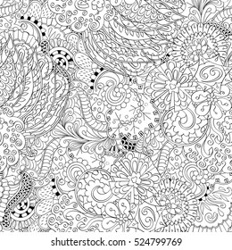 Tracery seamless calming pattern. Mehndi design. Ethnic monochrome binary doodle texture. Curved doodling black and white background. Vector.