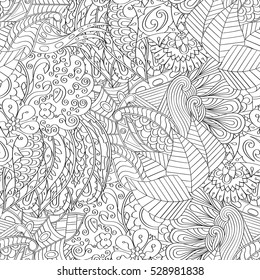 Tracery seamless calming pattern. Mehndi design. Ethnic monochrome binary doodle texture. Curved doodling black and white background. Vector.