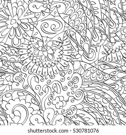 Tracery seamless calming pattern. Mehndi design. Ethnic monochrome binary doodle texture. Curved doodling black and white background. Vector.