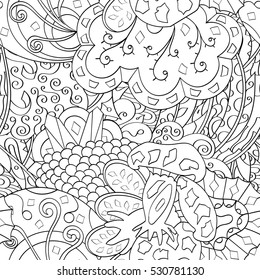 Tracery seamless calming pattern. Mehndi design. Ethnic monochrome binary doodle texture. Curved doodling black and white background. Vector.