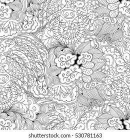 Tracery seamless calming pattern. Mehndi design. Ethnic monochrome binary doodle texture. Curved doodling black and white background. Vector.
