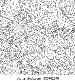 Tracery seamless calming pattern. Mehndi design. Ethnic monochrome binary doodle texture. Curved doodling black and white background. Vector.