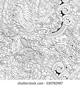 Tracery seamless calming pattern. Mehndi design. Ethnic monochrome binary doodle texture. Curved doodling black and white background. Vector.