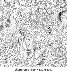 Tracery seamless calming pattern. Mehndi design. Ethnic monochrome binary doodle texture. Curved doodling black and white background. Vector.