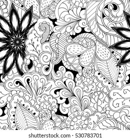 Tracery seamless calming pattern. Mehndi design. Ethnic monochrome binary doodle texture. Curved doodling black and white background. Vector.