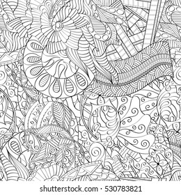 Tracery seamless calming pattern. Mehndi design. Ethnic monochrome binary doodle texture. Curved doodling black and white background. Vector.