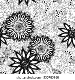 Tracery seamless calming pattern. Mehndi design. Ethnic monochrome binary doodle texture. Curved doodling black and white background. Vector.