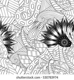 Tracery seamless calming pattern. Mehndi design. Ethnic monochrome binary doodle texture. Curved doodling black and white background. Vector.