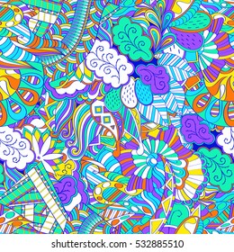 Tracery seamless calming pattern. Mehndi design. Ethnic colorful doodle texture. Curved doodling background. Vector.