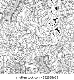 Tracery seamless calming pattern. Mehndi design. Ethnic monochrome binary doodle texture. Curved doodling black and white background. Vector.