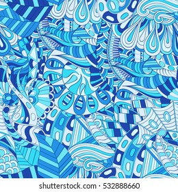 Tracery seamless calming pattern. Mehndi design. Ethnic colorful doodle texture. Curved doodling background. Vector.